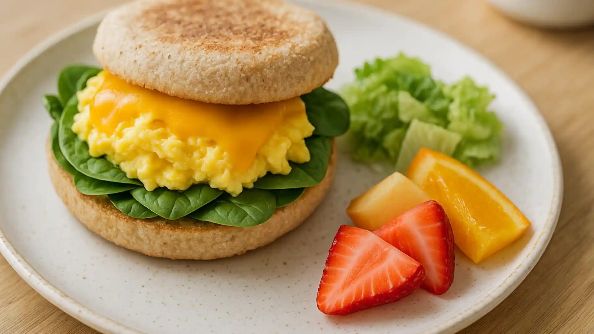 Healthy breakfast sandwich with egg, spinach, and cheese on a whole grain English muffin.