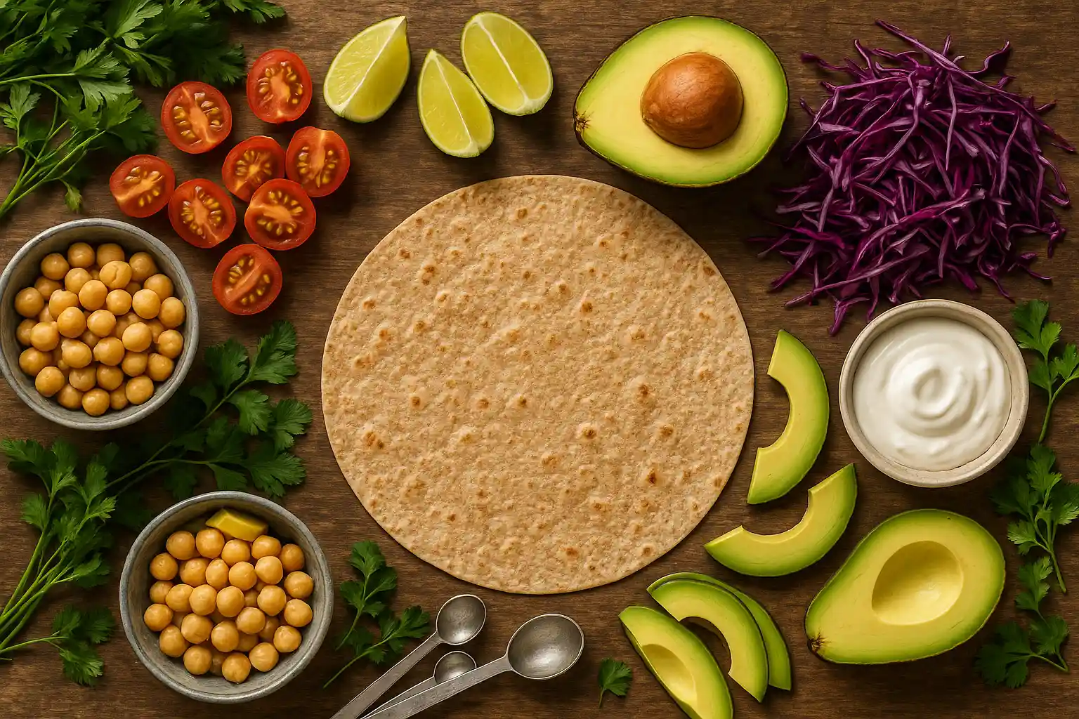 Homemade healthy wrap filled with grilled chicken, fresh vegetables, and a light sauce, served on a wooden board.