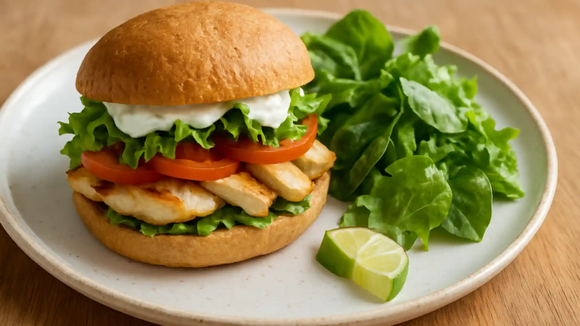 Healthy fast food style sandwich with fresh lettuce and creamy yogurt sauce.