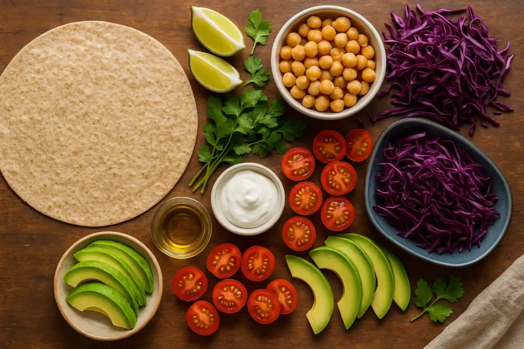 Flat lay of a healthy wrap made with natural ingredients like leafy greens, grilled chicken, avocado, and colorful vegetables on a wooden board.