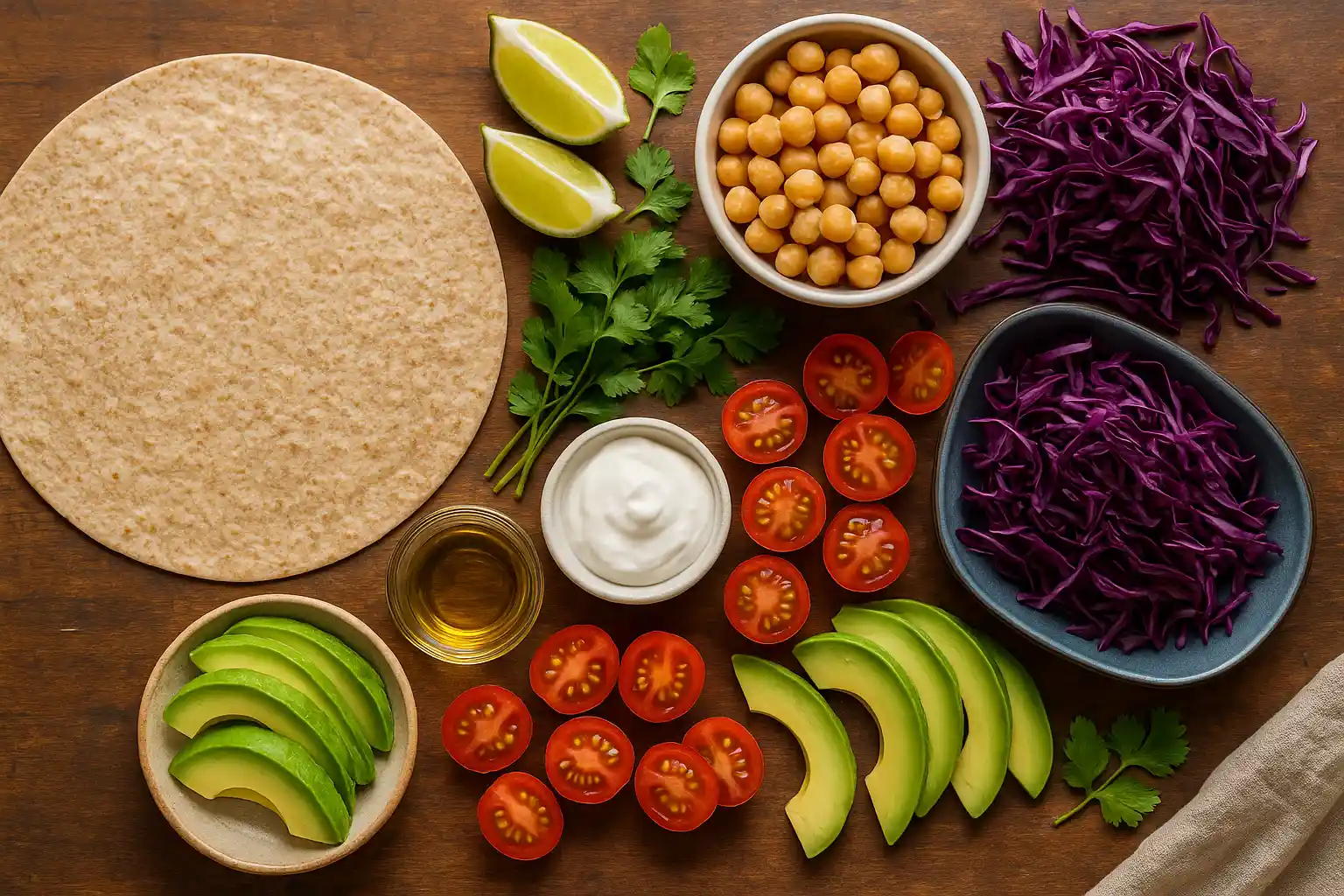 Flat lay of a healthy wrap made with natural ingredients like leafy greens, grilled chicken, avocado, and colorful vegetables on a wooden board.
