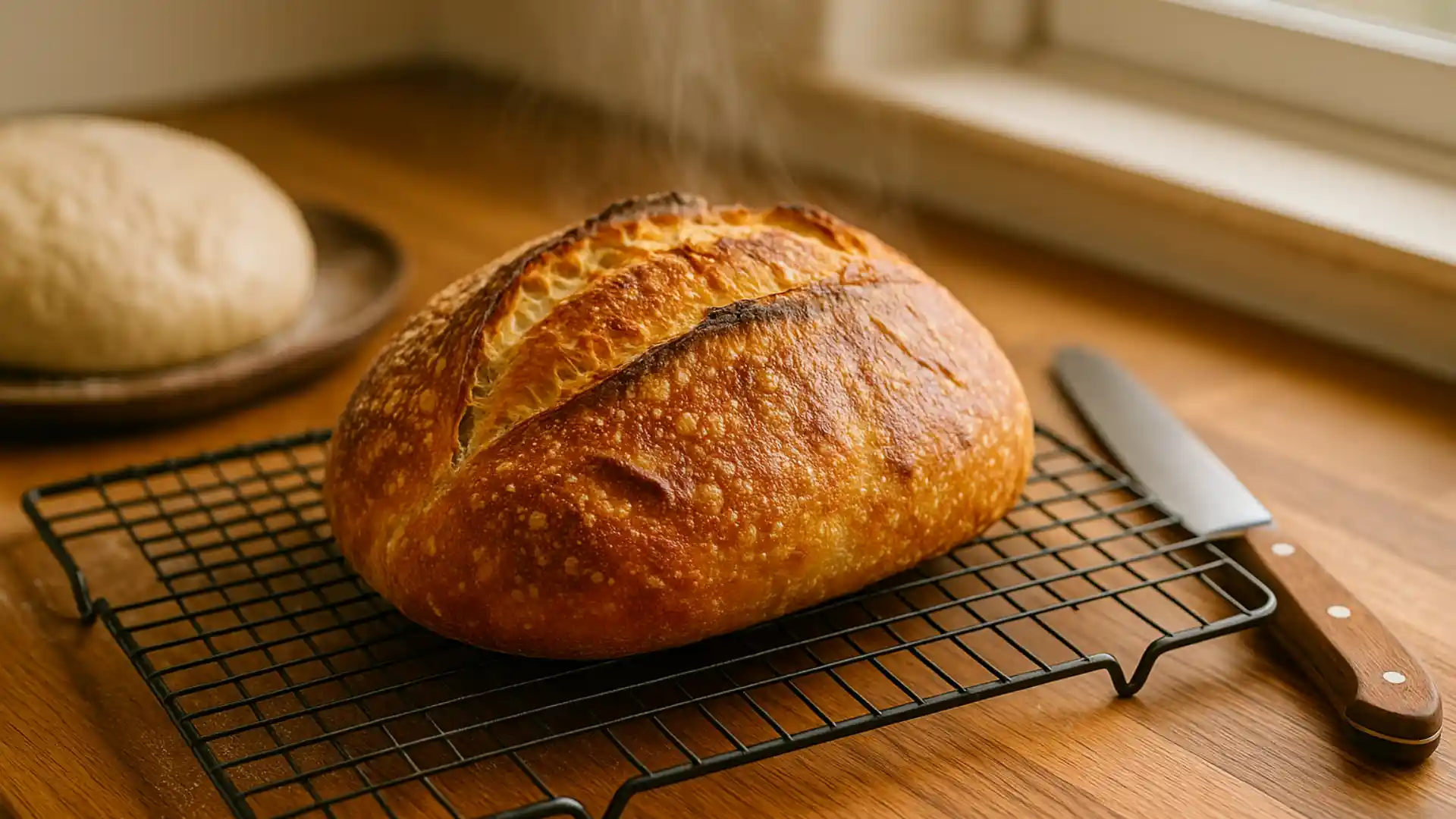 Homemade sourdough bread without Dutch oven cooling on rack with golden crust