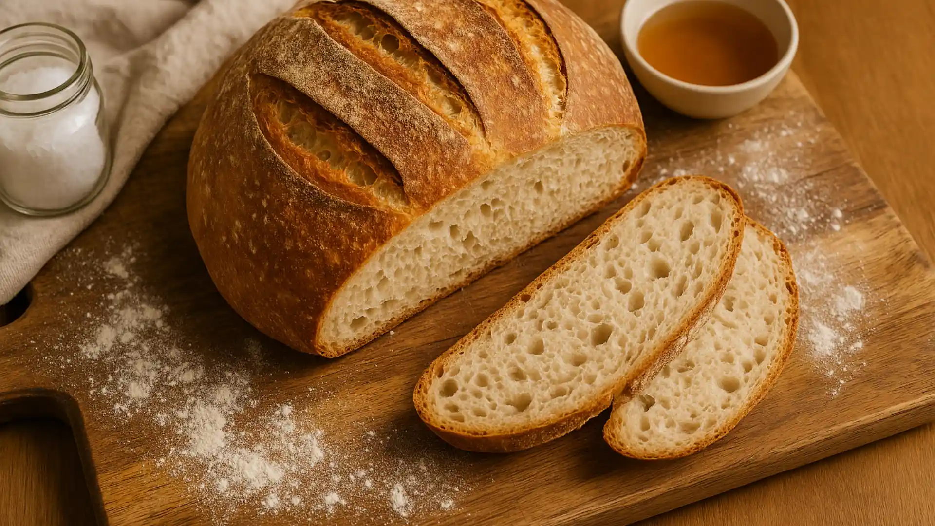 Homemade sourdough bread without a starter, fresh from the oven, on a rustic wooden countertop.