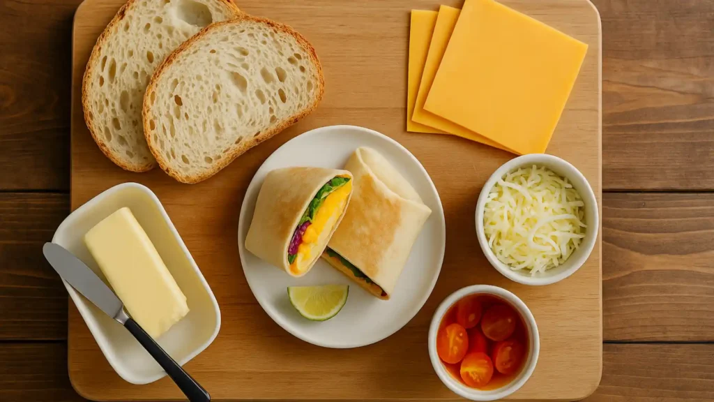 Flat lay of fresh cooking ingredients arranged neatly on a surface.