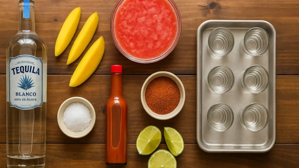 Top-down view of Mexican candy shot ingredients including tamarind, lime, chamoy, Tajín, and tequila arranged neatly.