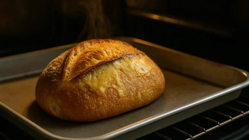 Bread baking in the oven with golden crust forming