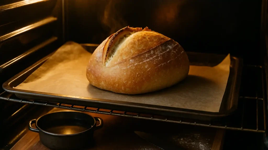 Baking sourdough bread on a sheet pan with water for steam instead of Dutch oven