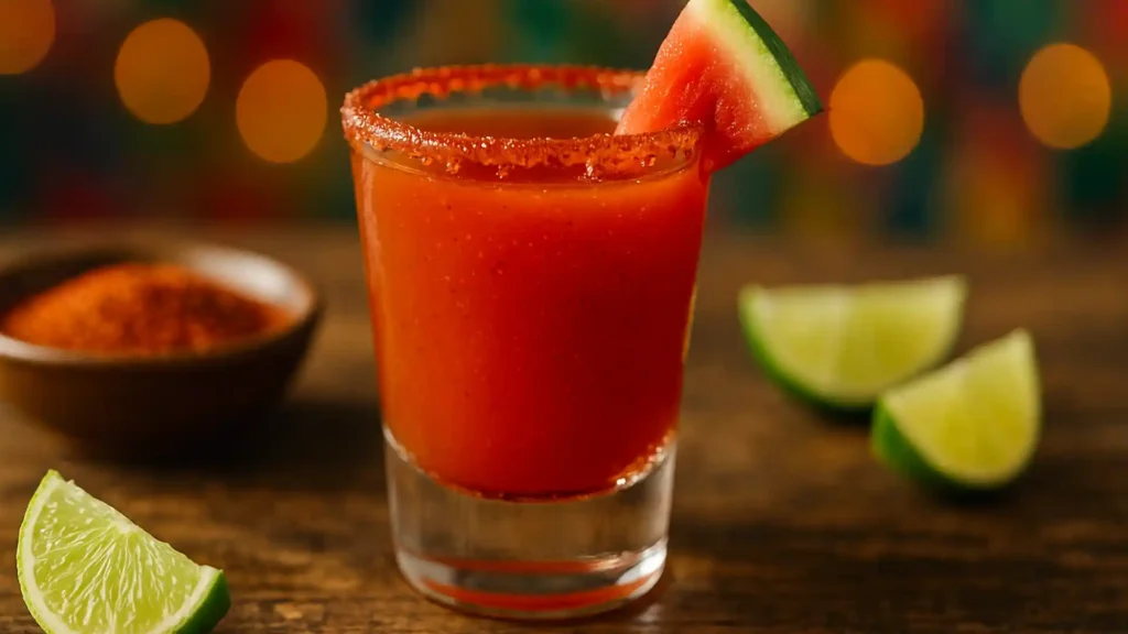 Vibrant close-up of a freshly made Mexican candy shot with a chili-lime rim and bright pink hue.
