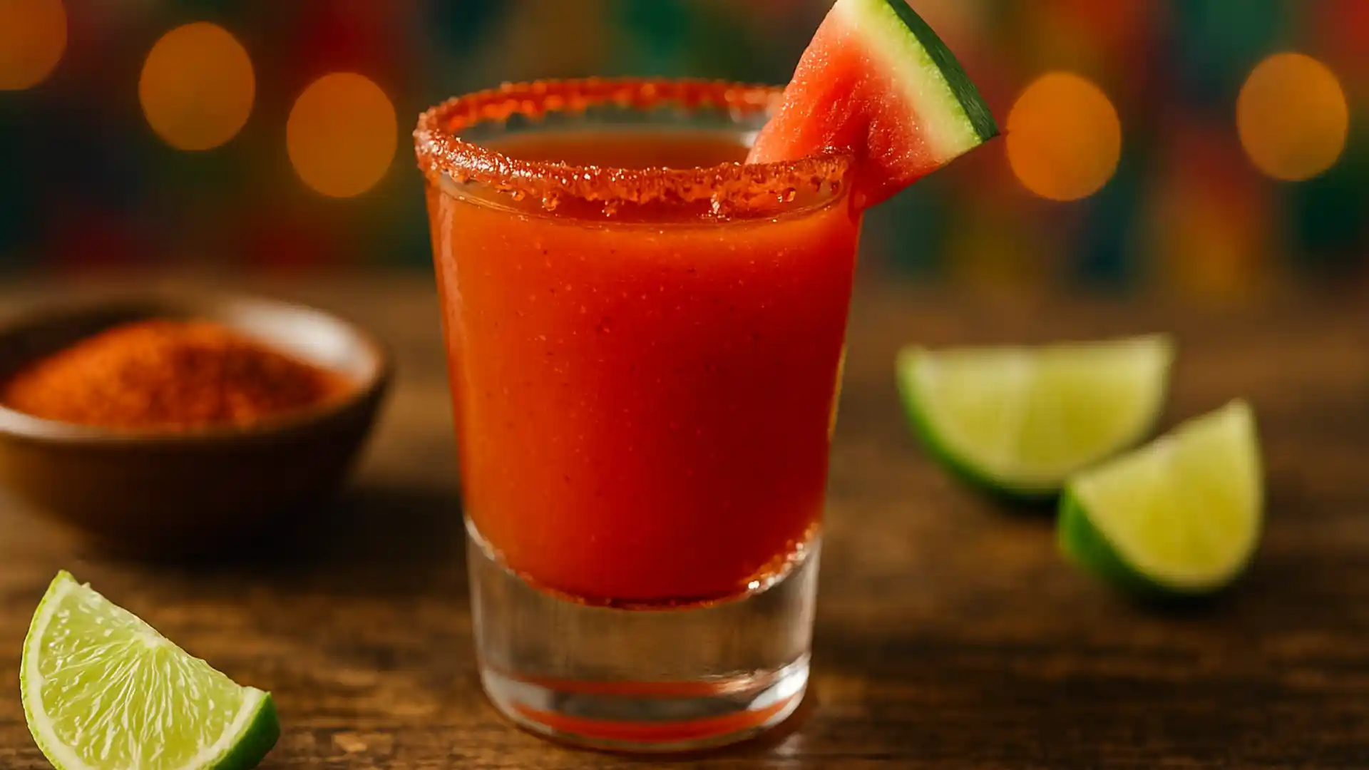Vibrant close-up of a freshly made Mexican candy shot with a chili-lime rim and bright pink hue.