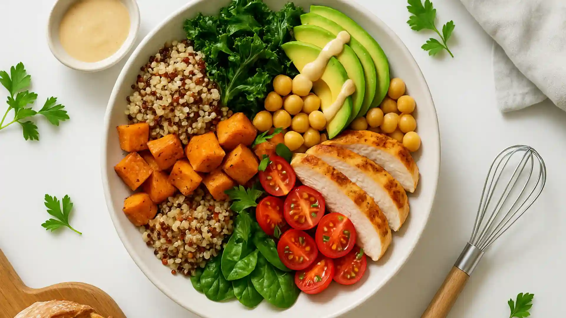 Healthy food bowl with quinoa, grilled chicken, sweet potatoes, kale, avocado, chickpeas, and tahini drizzle on a modern kitchen counter