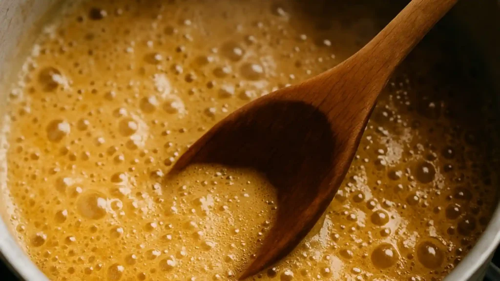 Cooking Mexico candy caramel mixture in saucepan with wooden spoon