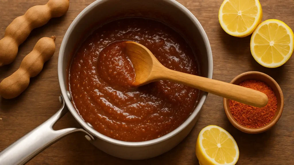 Cooking tamarind base with tamarind pulp, sugar, water, and chili powder in a saucepan, stirred with a wooden spoon on rustic table