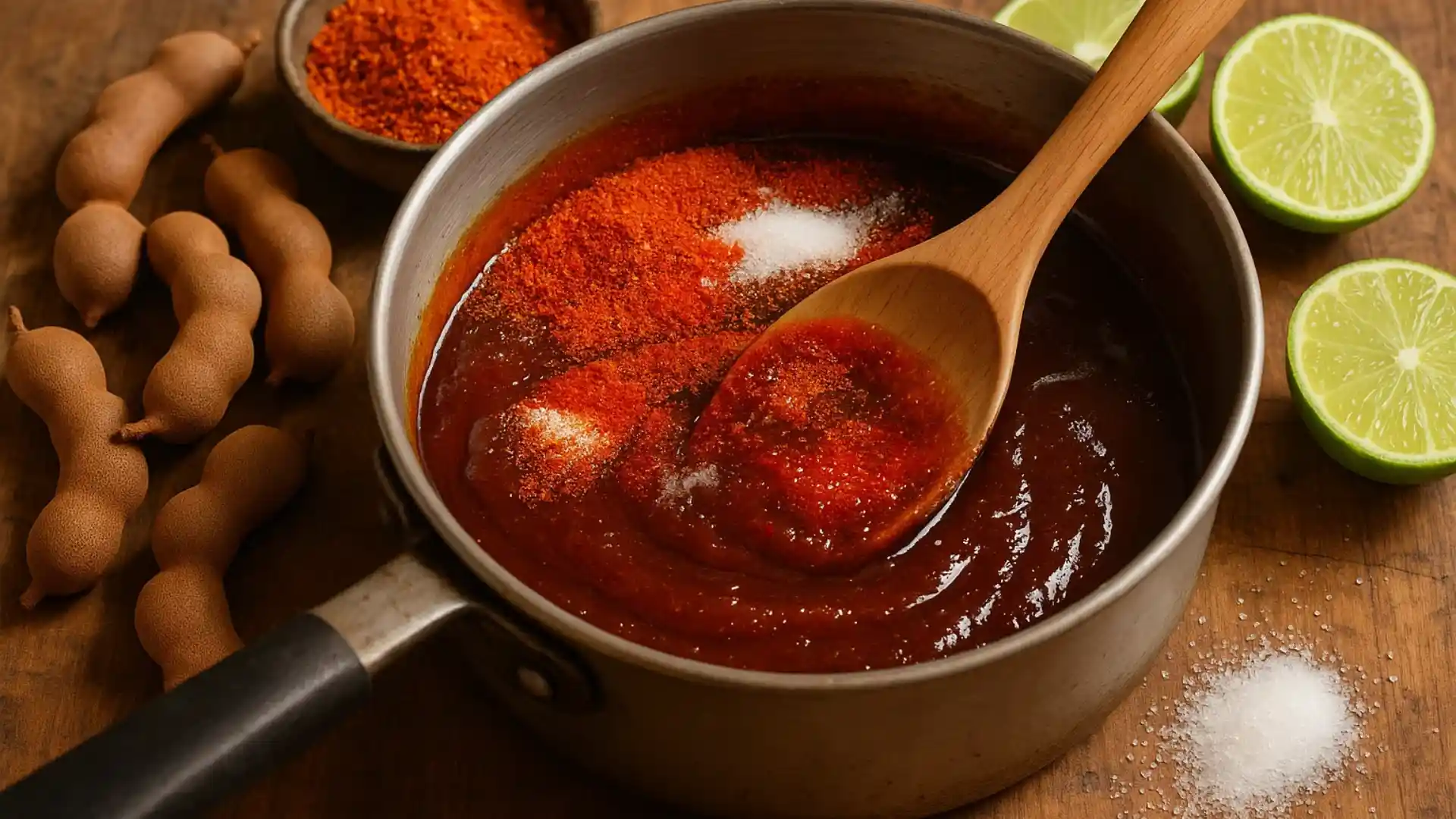 Close-up of tamarind paste cooking in a saucepan with sugar, chili powder, and lime juice, stirred with a wooden spoon.
