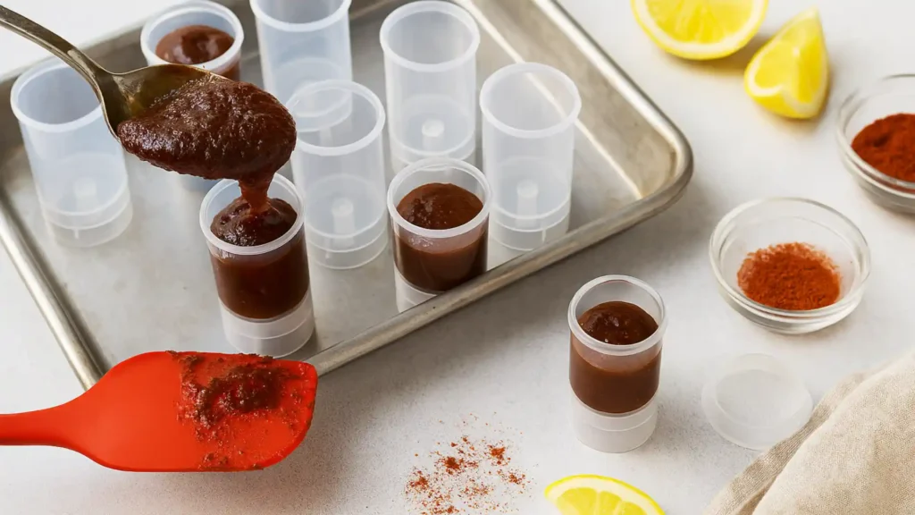 Homemade tamarind chili candy being spooned into clear push-up containers with chili powder and lemon wedges on the side.