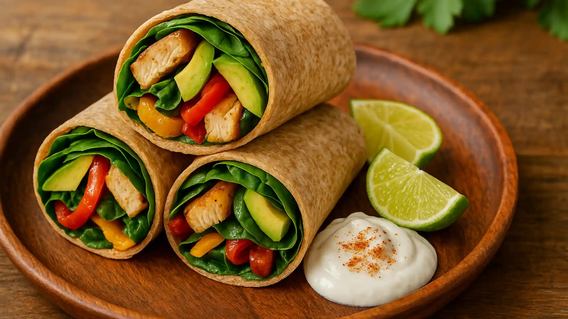 Whole wheat tortilla wraps with grilled chicken, peppers, spinach, avocado, and yogurt sauce on rustic wooden plate