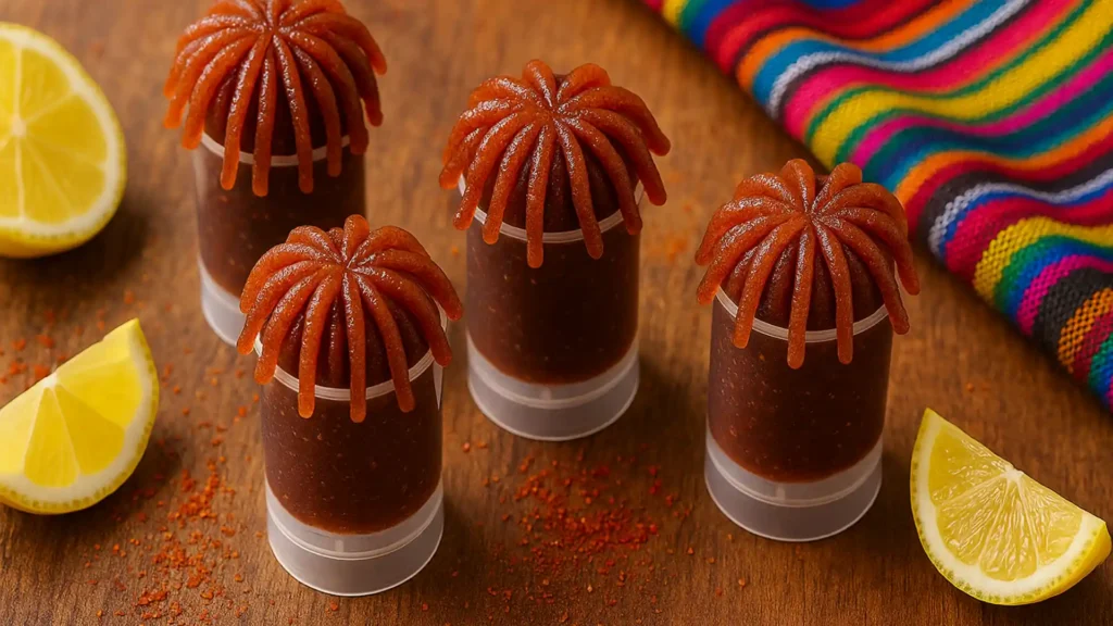 Homemade Pelon Mexican tamarind candy in push-up tubes with candy strands, styled with chili powder, lemon wedges, and colorful textile.