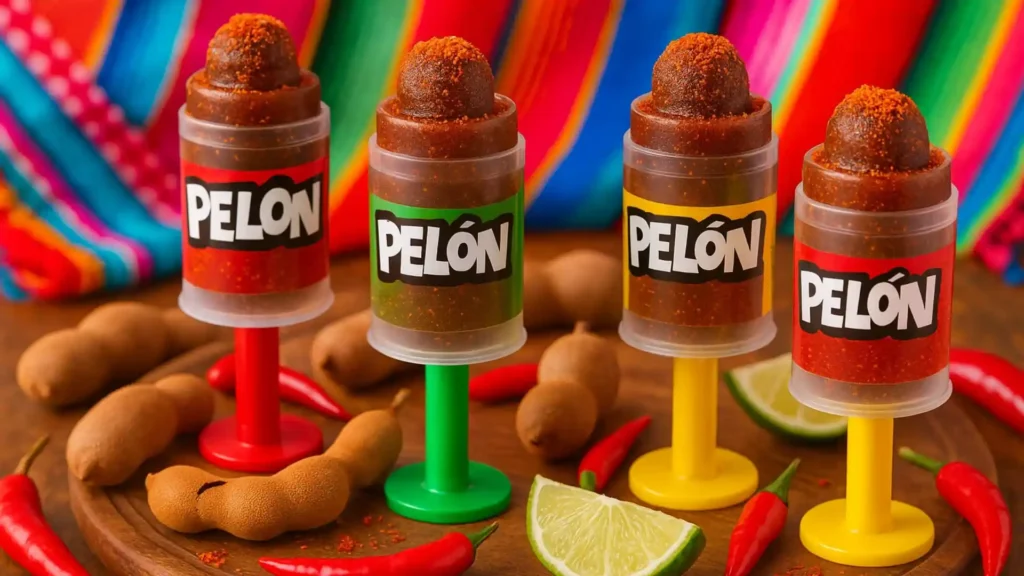 Pelones Mexican tamarind candy in clear push-up tubes topped with Tajín, styled with tamarind pods, chili peppers, and lime slices.