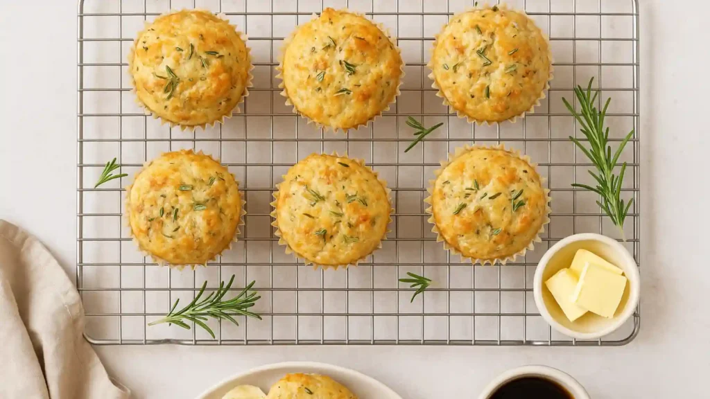 Savory sourdough discard muffins with herbs and cheese cooling on wire rack