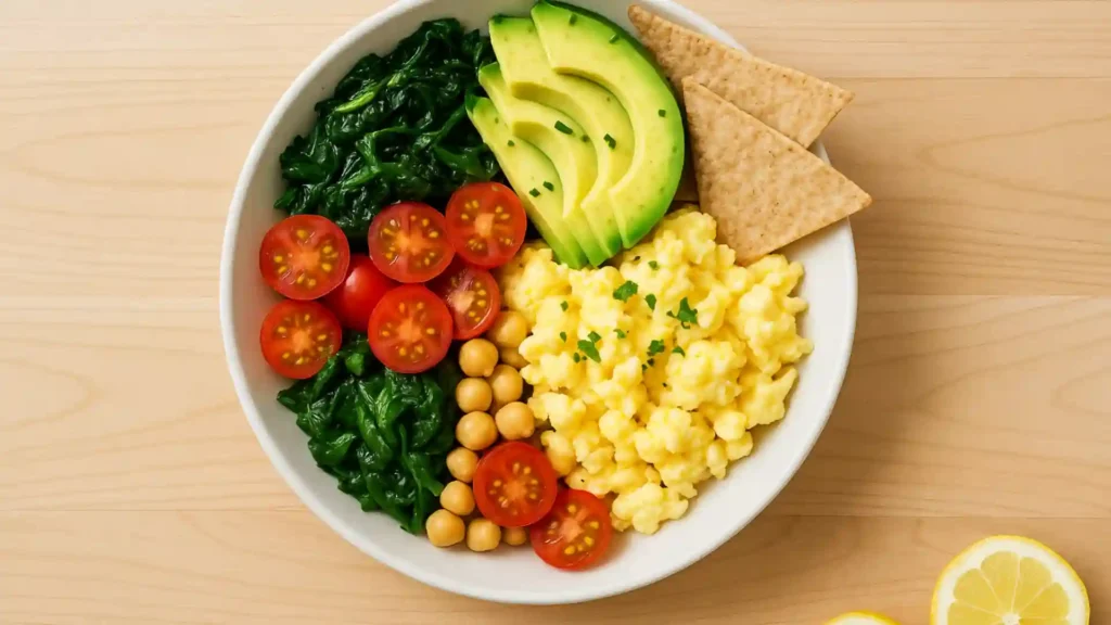Healthy breakfast bowl with scrambled eggs, spinach, avocado, cherry tomatoes, and tortilla chips on wooden table