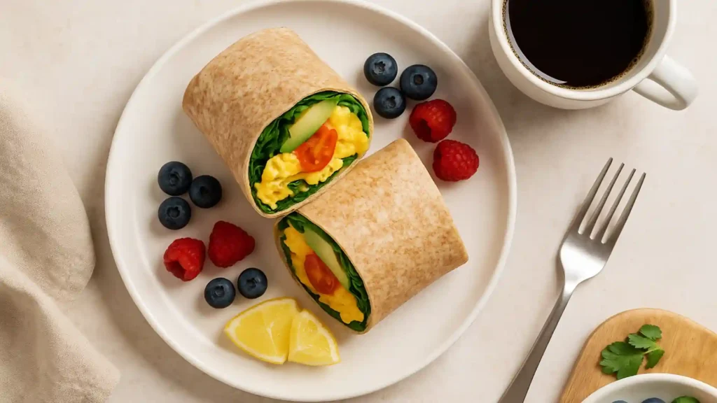 Healthy breakfast wrap with scrambled eggs, spinach, avocado, cheese, and tomatoes served with berries and coffee on rustic table