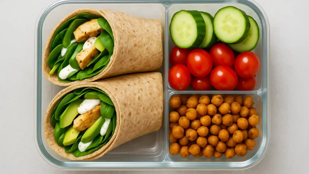 Meal prep box with tortilla wraps, spinach, avocado, grilled chicken, yogurt drizzle, cucumbers, tomatoes, and roasted chickpeas