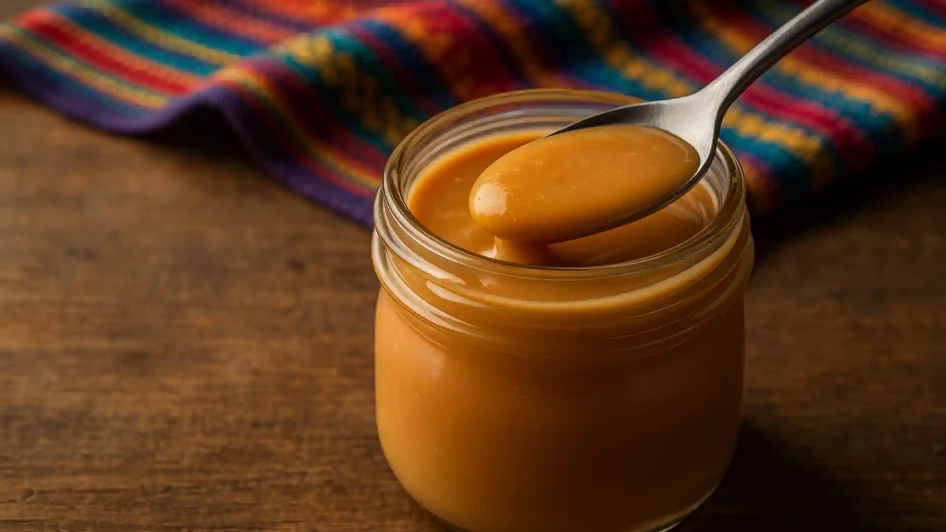 Mexican spoon candy cajeta de cuchara served warm in a jar with spoon.