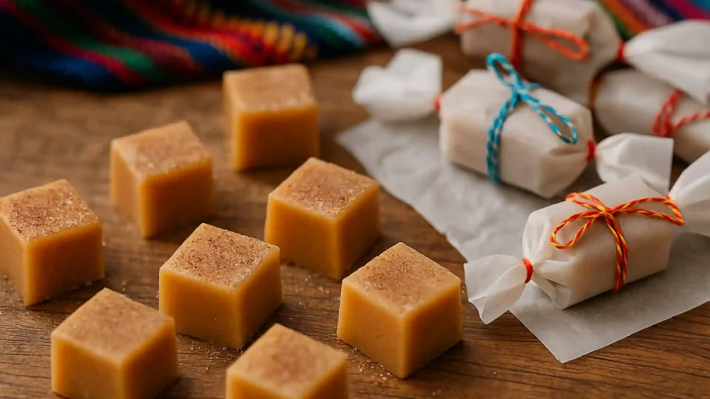 Homemade Mexico candy cubes with cinnamon sugar wrapped in wax paper on rustic table