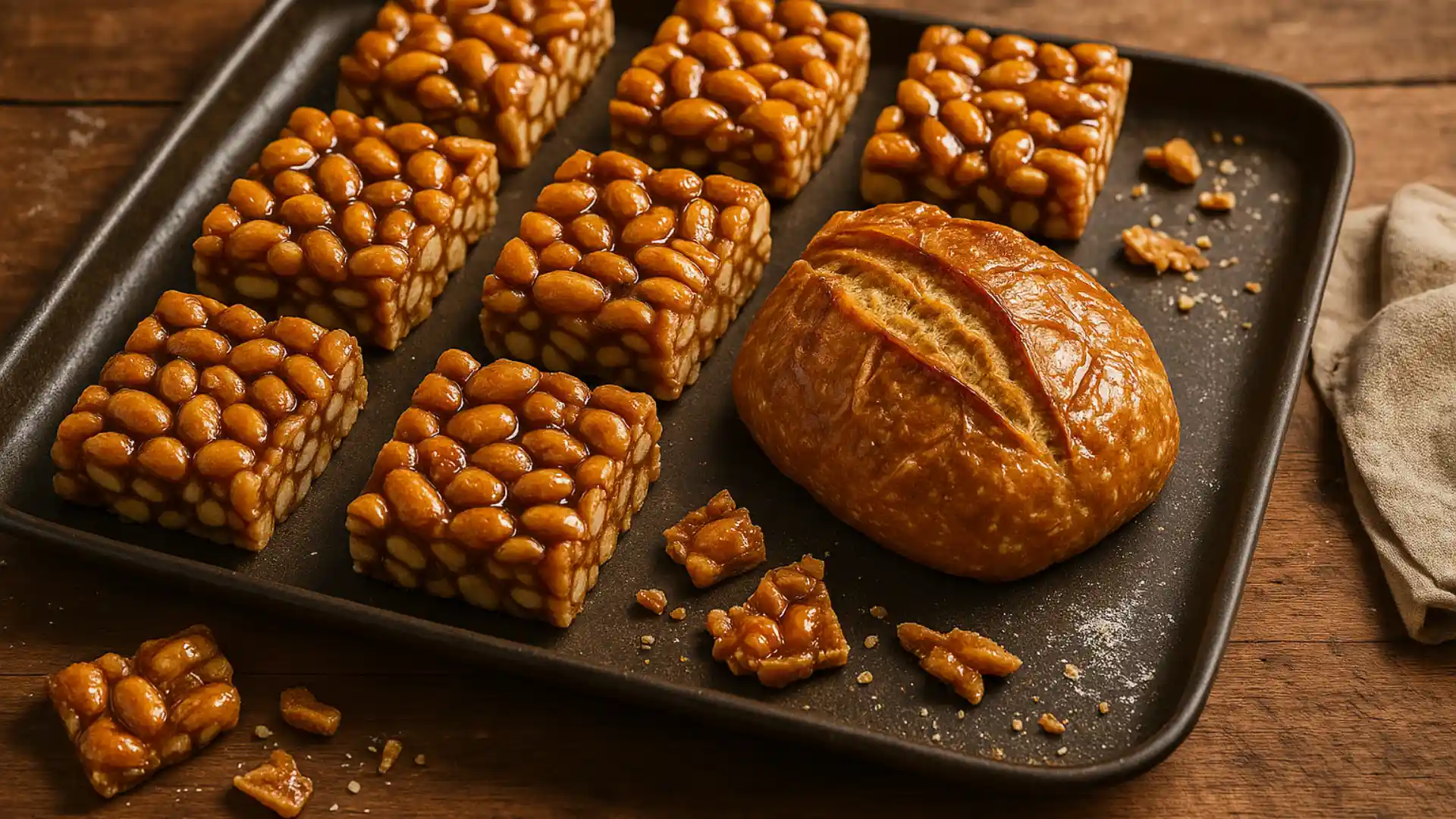 Homemade Mexican peanut candy squares made with roasted peanuts and caramelized sugar, cut into neat pieces.
