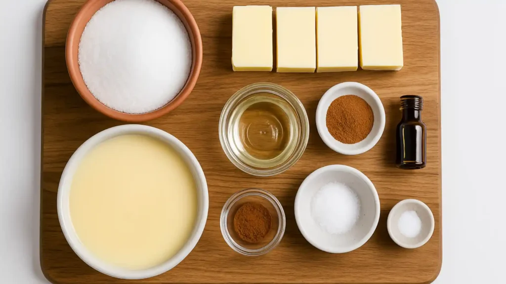 Ingredients for homemade Mexico candy recipe – sugar, condensed milk, butter, cinnamon, vanilla