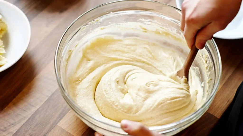Mixing gluten free sourdough dough in a ceramic bowl with wooden spoon on rustic countertop, starter and flour nearby