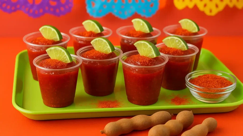Mini cups of homemade Pelones tamarind candy topped with chili powder and lime wedges on a festive tray with papel picado decorations.