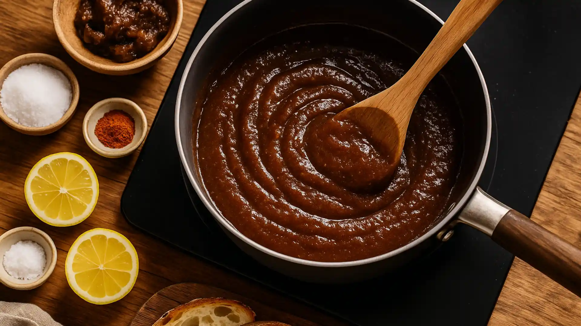 Close-up of tamarind paste cooking in a saucepan, stirred with a wooden spoon, surrounded by sugar, chili powder, lemon halves, and salt.