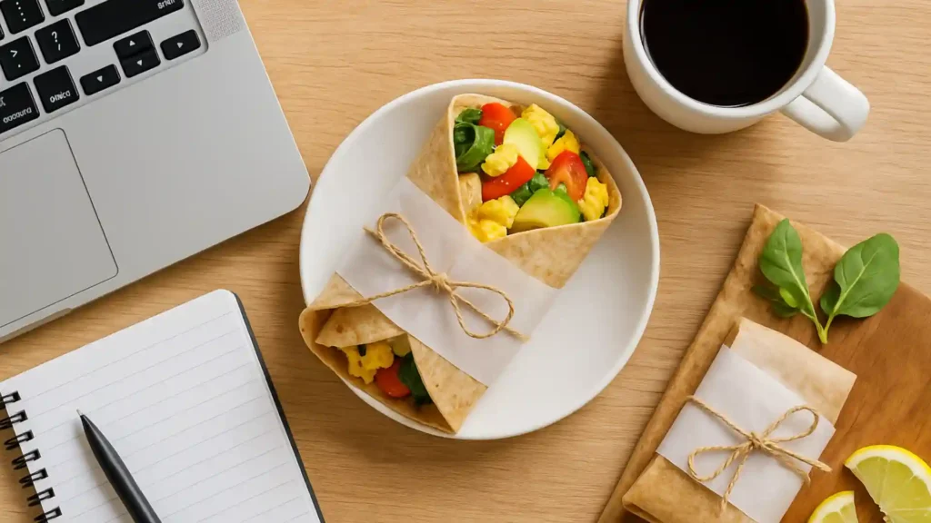 Healthy breakfast bowl with scrambled eggs, spinach, avocado, cherry tomatoes, and tortilla chips on wooden table
