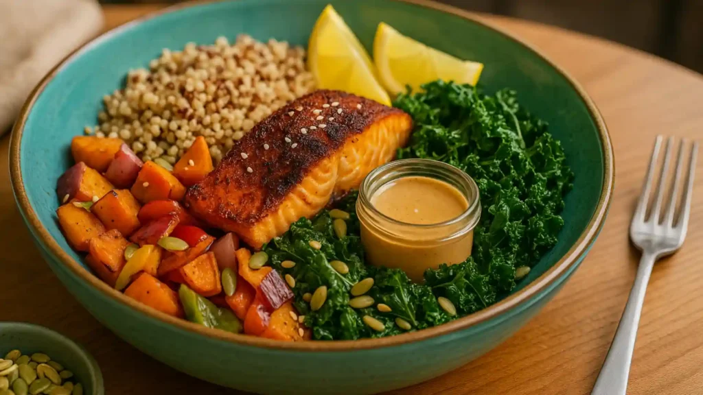Restaurant-inspired healthy bowl with quinoa, blackened salmon, kale, roasted vegetables, and chipotle lime dressing served on a wooden table