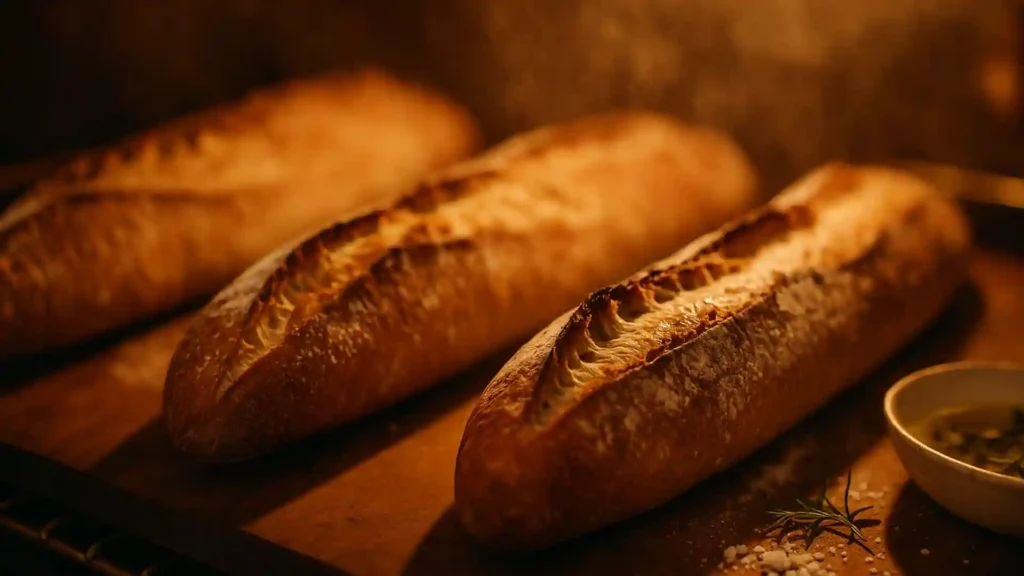 Baguettes baking in hot oven with steam and golden crust forming along scored cuts