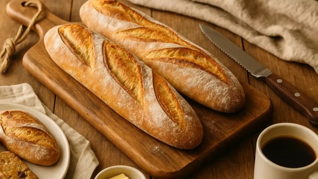 Freshly baked sourdough baguettes with golden crust and rustic scoring on a wooden board