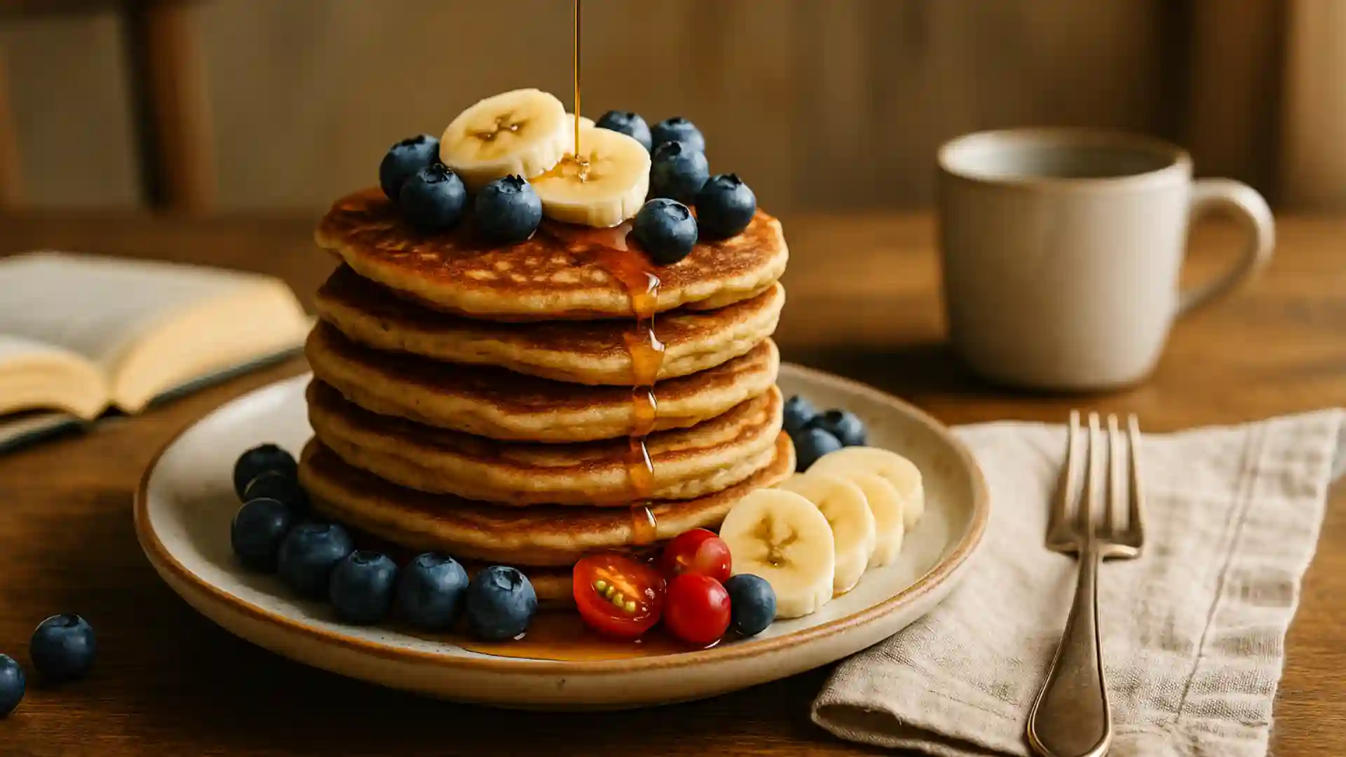 Stack of sourdough discard pancakes topped with blueberries, bananas, and maple syrup on rustic table