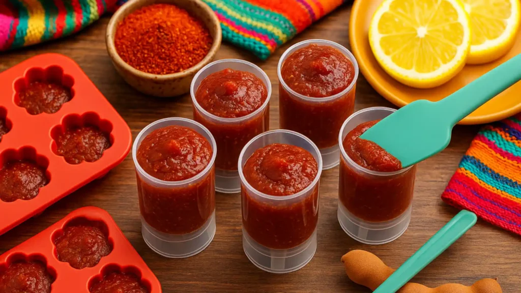 Shaping tamarind chili candy by spooning mixture into push-up tubes and silicone molds with spatula, chili powder and lemons nearby