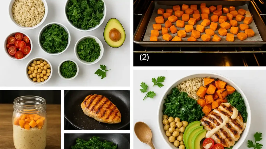 Step-by-step recipe collage showing ingredients, roasting sweet potatoes, sautéing greens, grilling chicken, and the final assembled healthy bowl