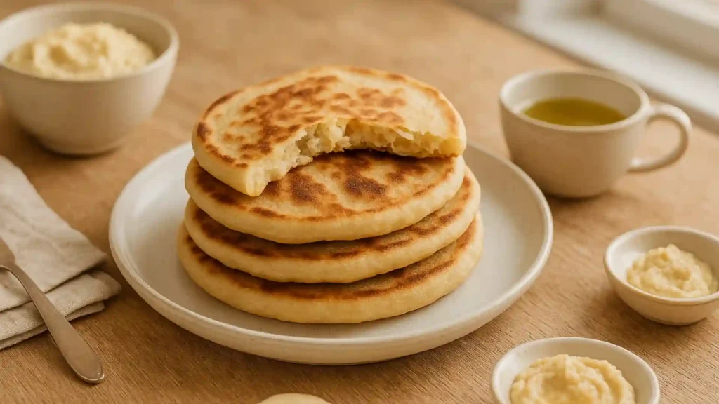 Stack of sourdough discard flatbreads on ceramic plate with hummus and olive oil in kitchen scene