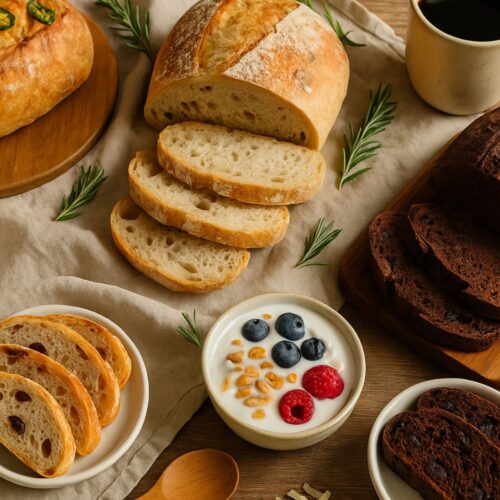 Rustic kitchen table with sliced sourdough loaves in flavors like jalapeño cheddar, garlic rosemary, cinnamon raisin, and chocolate hazelnut, styled with herbs, cheese, and coffee in warm morning light.