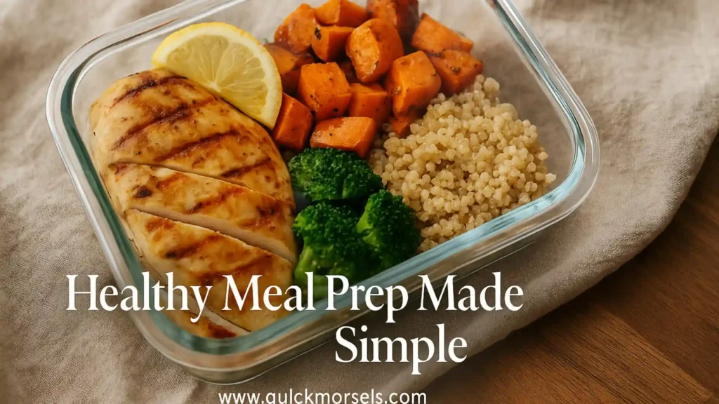 Close-up of a glass meal prep container with grilled chicken, roasted sweet potatoes, steamed broccoli, and quinoa, garnished with lemon and olive oil under natural light.