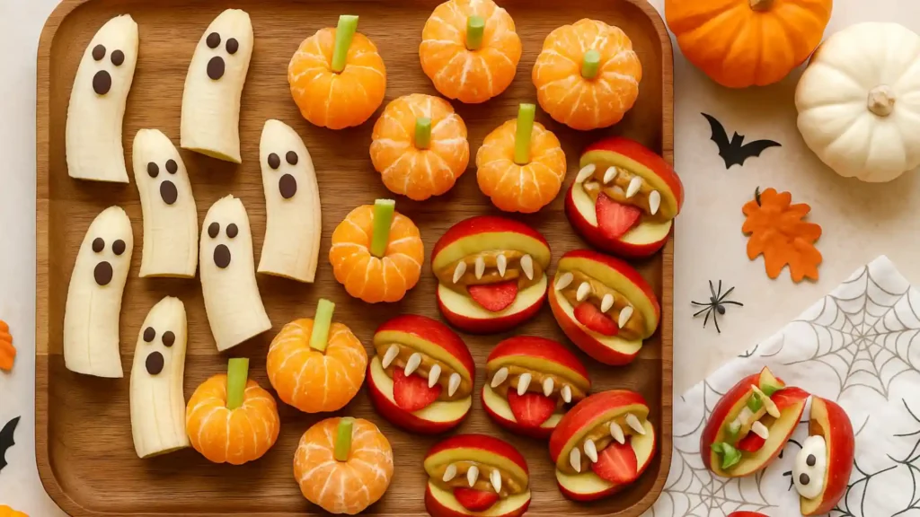 Overhead view of a Halloween snack board with banana ghosts, clementine pumpkins, and apple monster bites on a wooden tray surrounded by small pumpkins and spiderweb napkins.