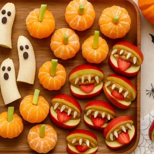 Overhead view of a Halloween snack board with banana ghosts, clementine pumpkins, and apple monster bites on a wooden tray surrounded by small pumpkins and spiderweb napkins.
