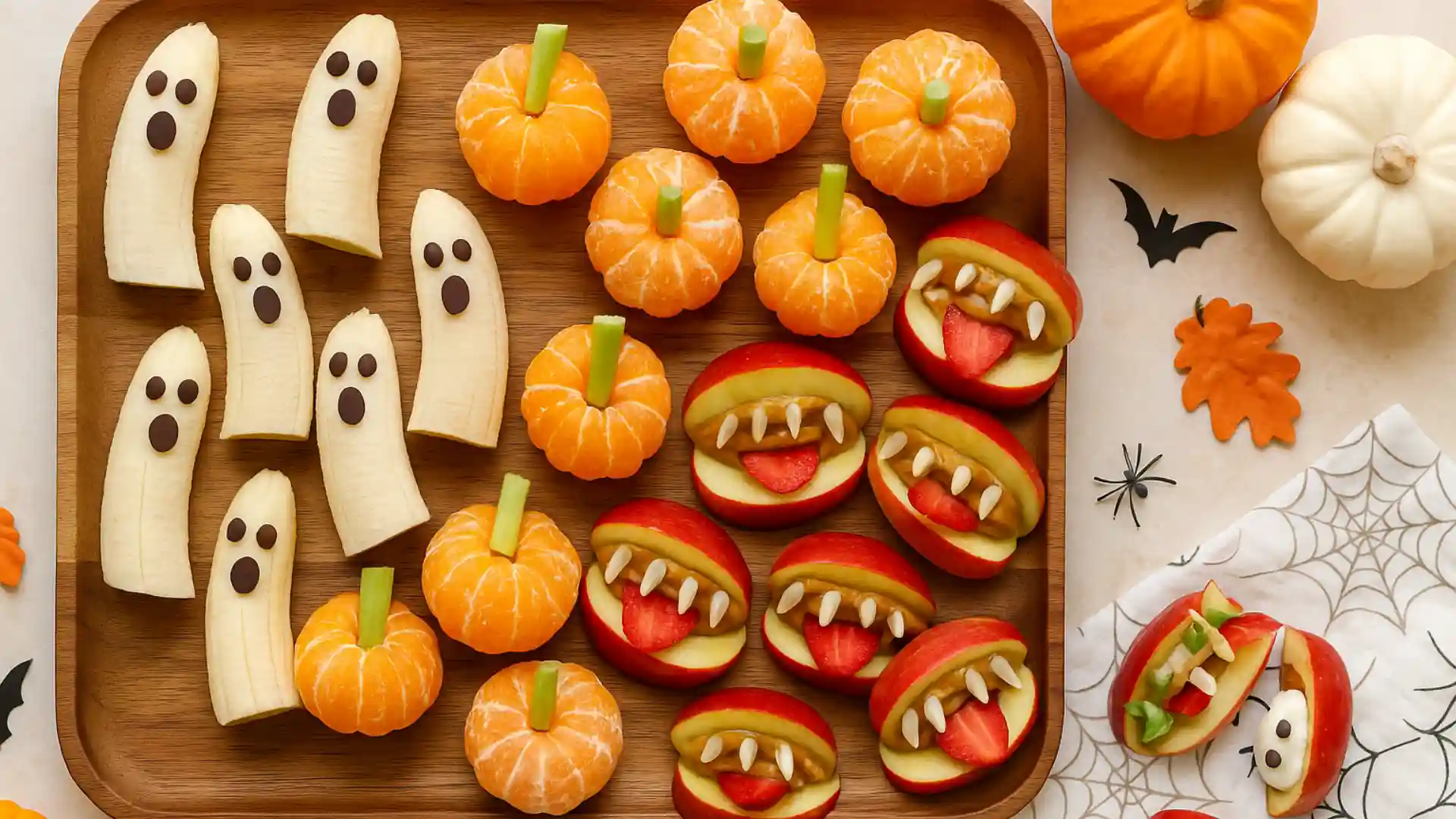 Overhead view of a Halloween snack board with banana ghosts, clementine pumpkins, and apple monster bites on a wooden tray surrounded by small pumpkins and spiderweb napkins.