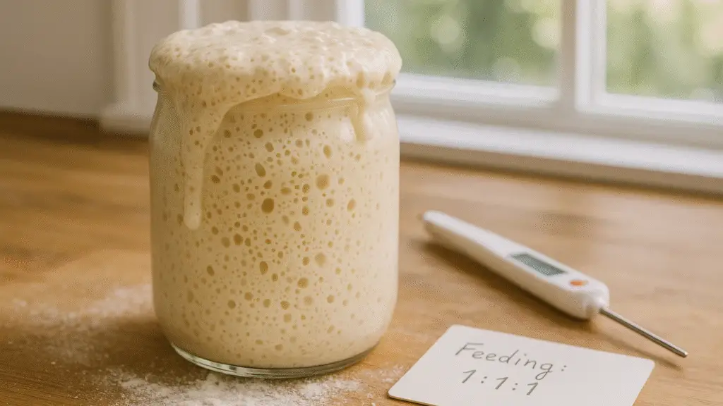 Active sourdough starter bubbling and overflowing slightly in a clear glass jar on a wooden countertop with flour dust, thermometer, and feeding note.