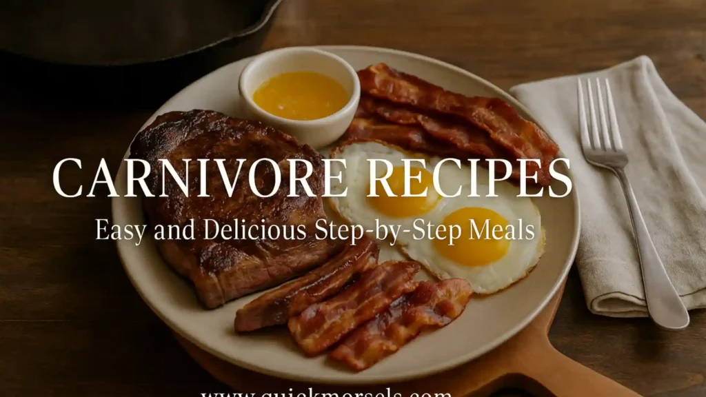 Rustic overhead photo of a sizzling carnivore platter with ribeye steak, fried eggs, crispy bacon, and melted butter on a wooden table, styled with linen napkin and fork.