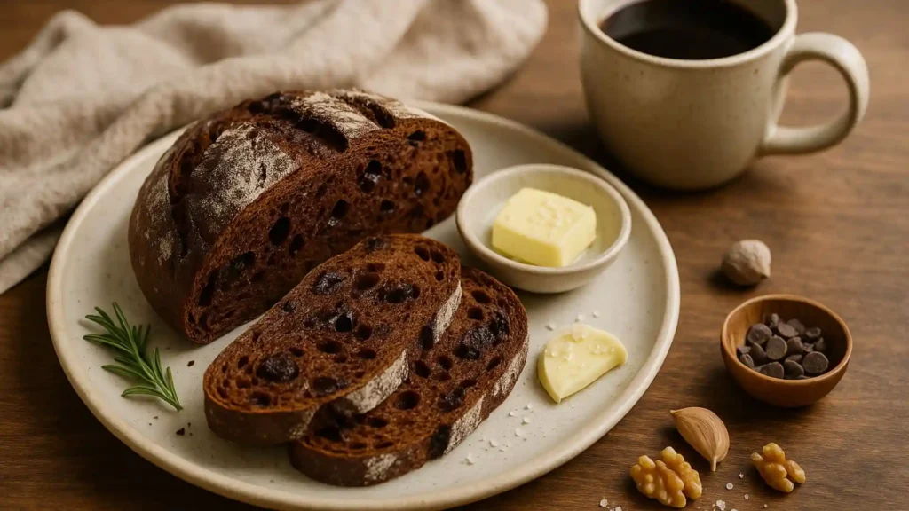Sliced chocolate sourdough on a ceramic plate with butter and sea salt, cup of coffee and linen napkin on a rustic wooden table in warm natural light.
