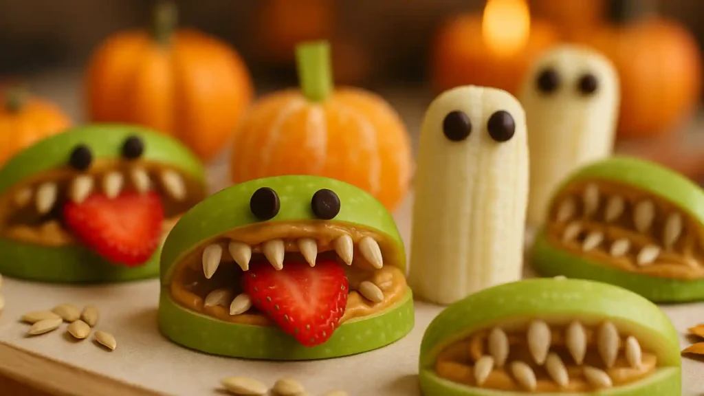 Close-up of green apple monster treats filled with peanut butter and sunflower seed teeth, decorated with chocolate chip eyes and strawberry tongues against a soft fall background.