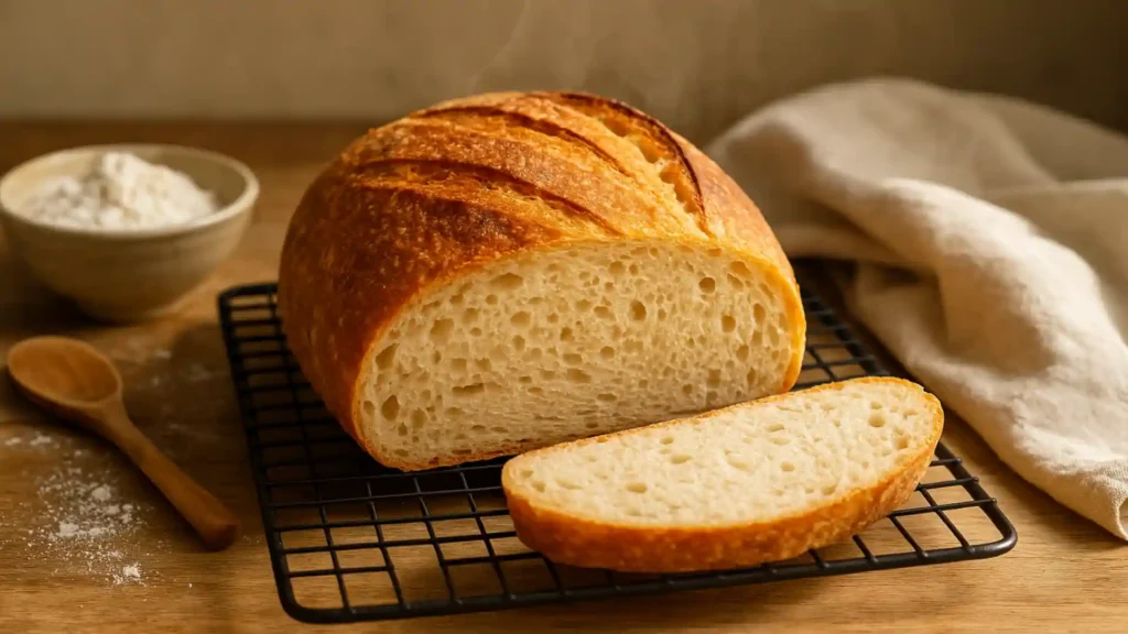 Golden sourdough discard bread loaf cooling on a wire rack in a rustic kitchen, sliced open to reveal a soft airy crumb with steam rising.